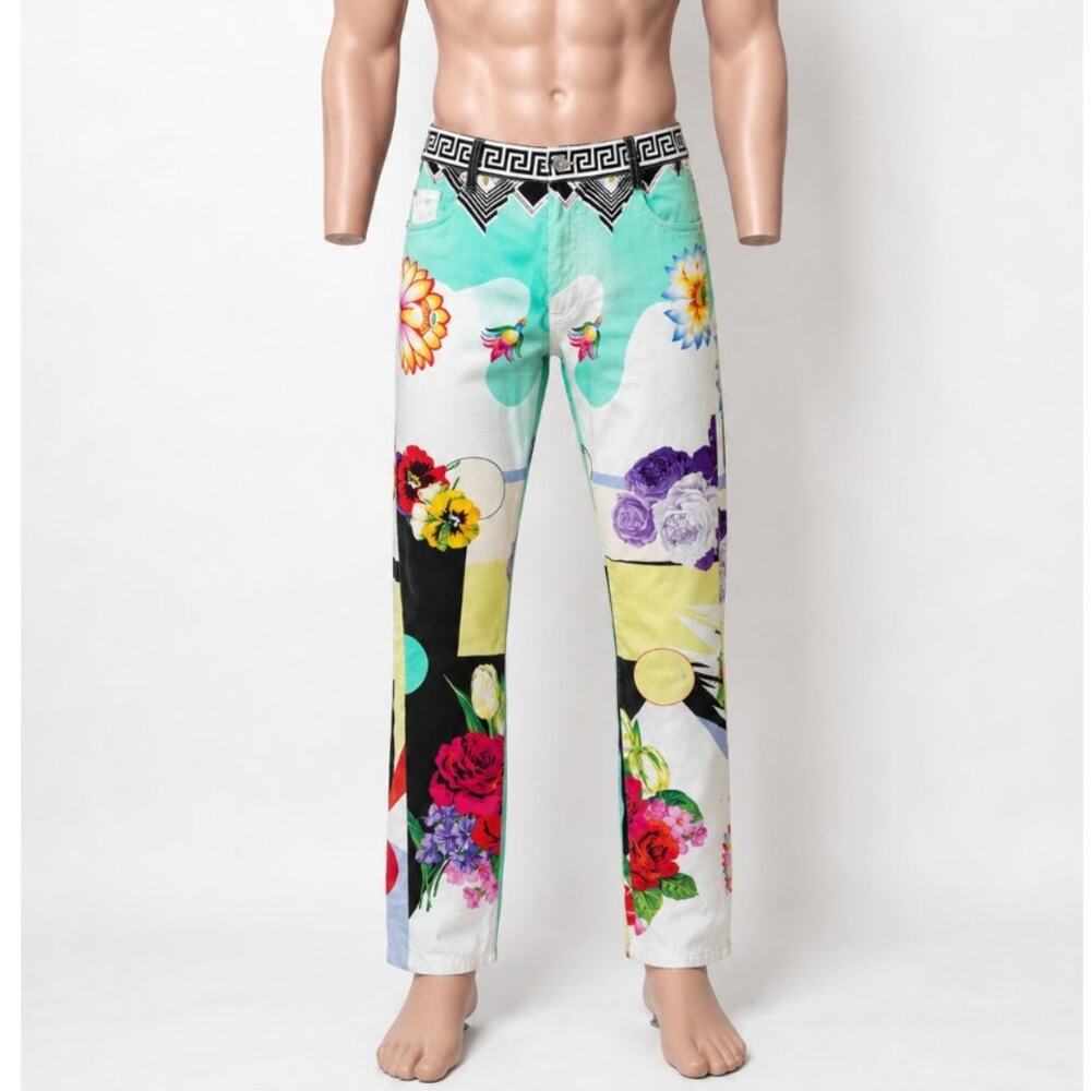 Versace Multicolor Floral Medusa Greek Key Print Cotton Jeans Men's US 34